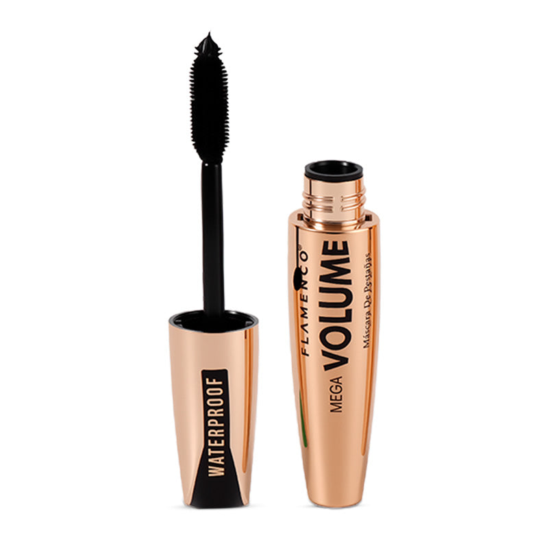 Máscara de Pestañas Ultra Volumen Waterproof FLAMENCO abierta mostrando el cepillo