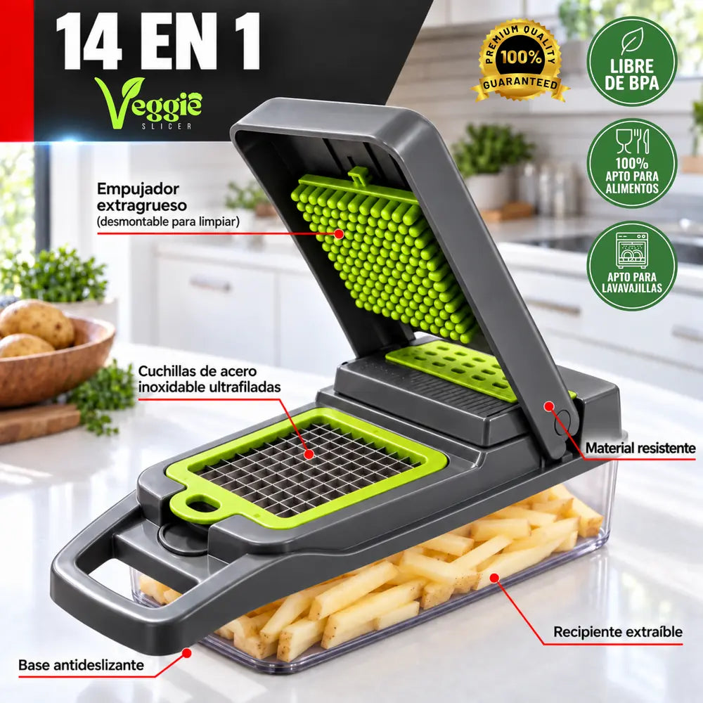 Partes del Veggie Slicer: empujador desmontable, cuchillas de acero inoxidable, base antideslizante y recipiente extraíble