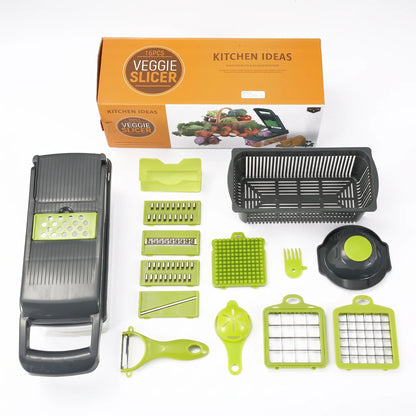 Contenido de la caja del Veggie Slicer: base, colador, rejillas, cuchillas, pelador, separador de yemas y peine limpiador