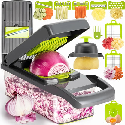 Veggie Slicer 14 en 1 con sus accesorios: rejillas de cubos, julianas, rallador, pelador, separador de yemas y los cortes que logra