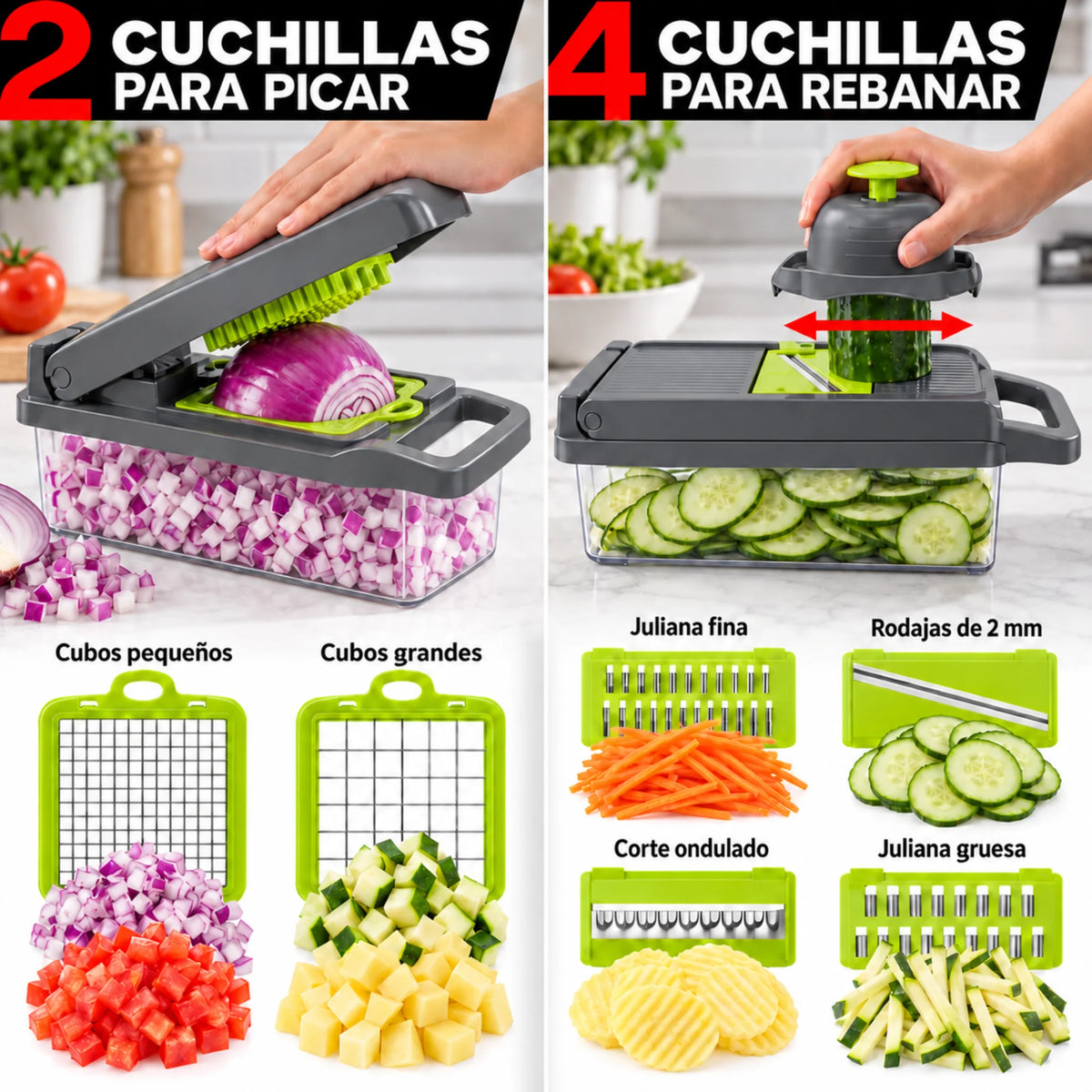 Cortes del Veggie Slicer: cubos pequeños y grandes, juliana fina y gruesa, rodajas y corte ondulado