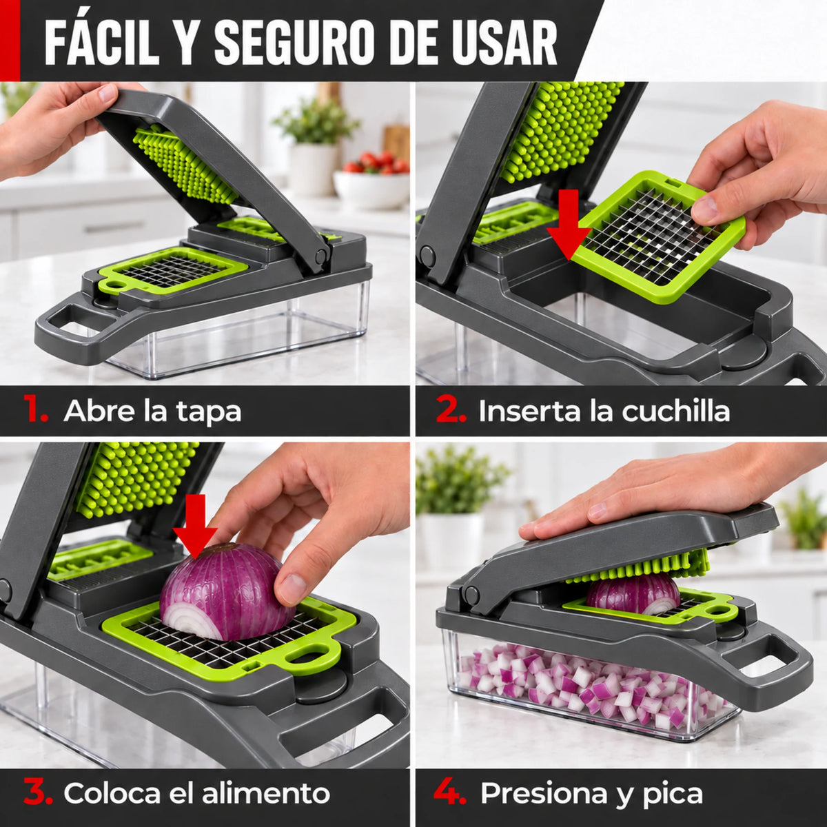 Cómo usar el Veggie Slicer en 4 pasos: abre la tapa, inserta la cuchilla, coloca el alimento y presiona