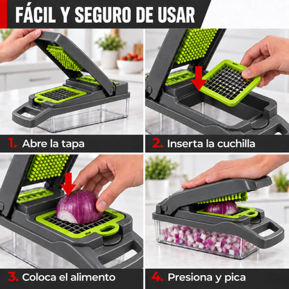 Cómo usar el Veggie Slicer en 4 pasos: abre la tapa, inserta la cuchilla, coloca el alimento y presiona