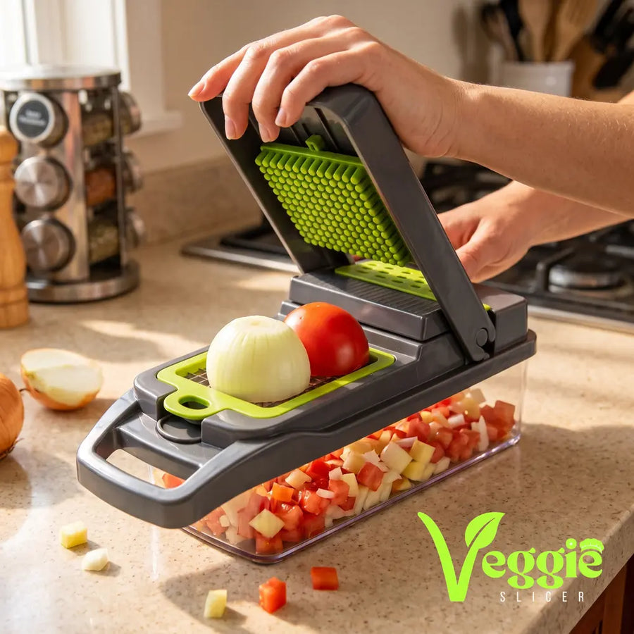 Veggie Slicer® 14 en 1 picando cebolla y tomate en cubos